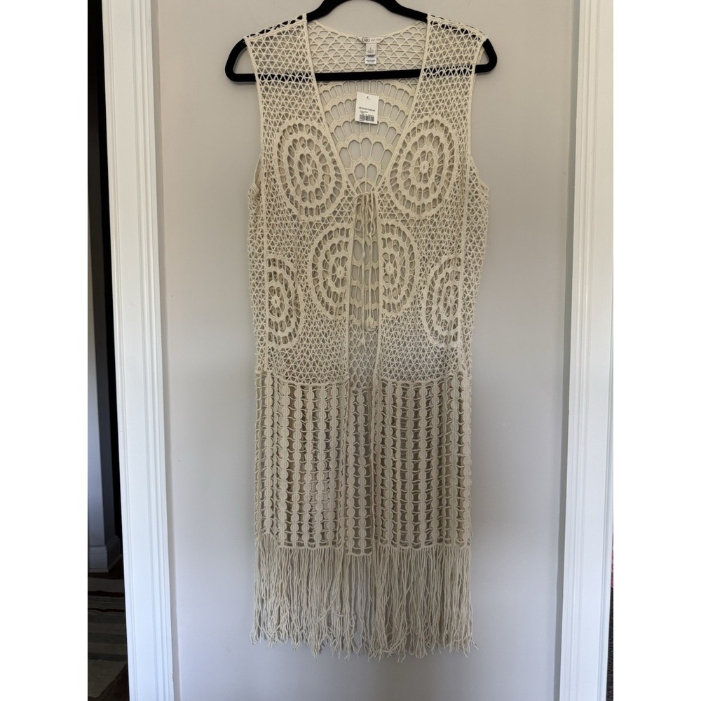 Cato Fringe Knit Long Vest Crochet Open Vest Sz L Beige Boho Cotton Festival